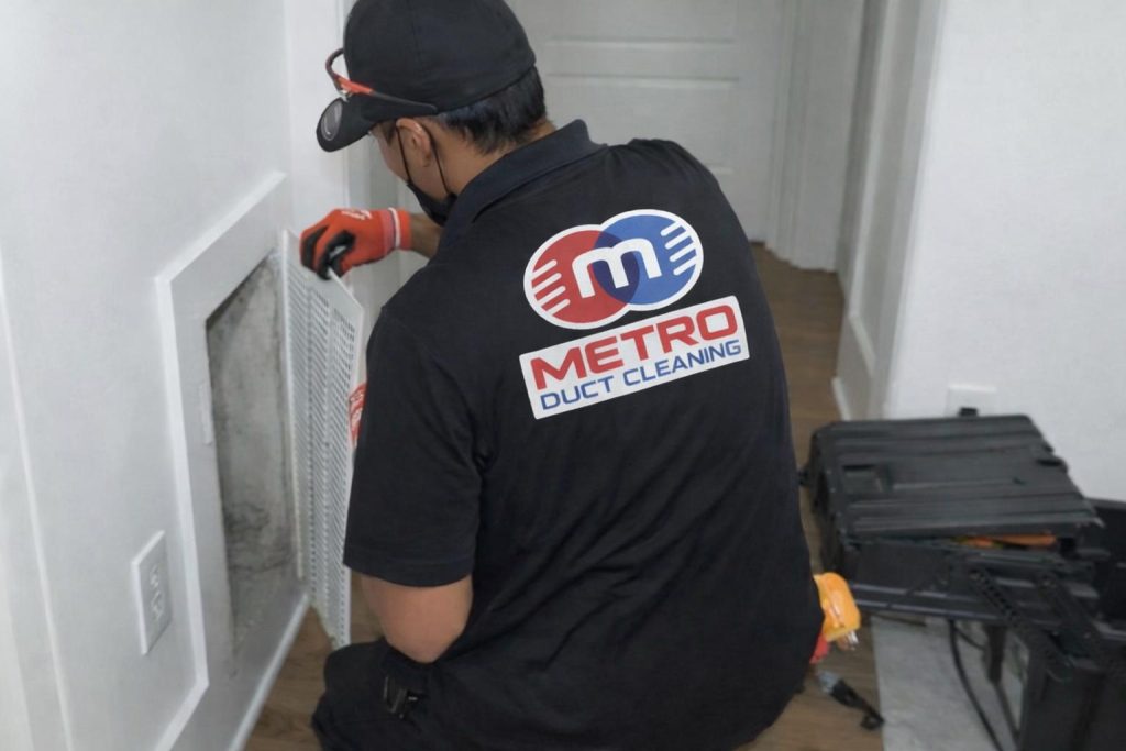 Metro Duct Cleaning technician performing residential air duct cleaning with HEPA vacuum in Atlanta GA home